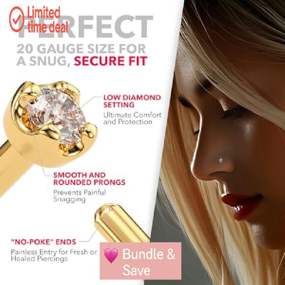 14K Gold Diamond Nose Stud 1.5mm 20 Gauge L-Shaped Piercing Jewelry - Picture 4 of 8